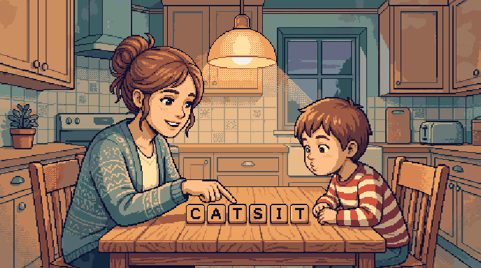 A parent and child at a kitchen table under a warm lamp, working through a row of wooden letter tiles spelling out words, the parent pointing at one tile as the child sounds it out.
