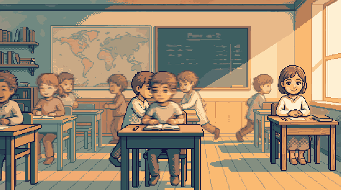 A girl sits quietly and very still at a desk by the window on the right of a busy classroom, while the other children move and talk in a group away to the left.