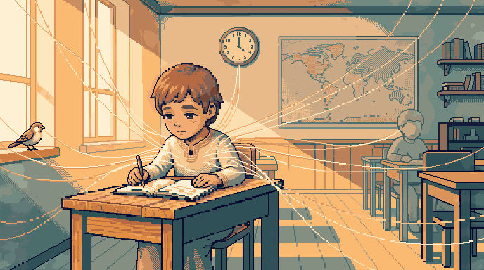 A child writing at a school desk while dozens of fine glowing threads stretch away from them towards a window, a wall clock, a bird on the sill and another pupil across the room.