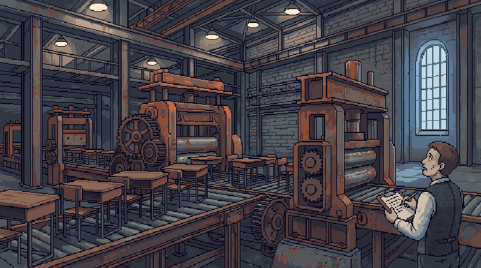 A rolling mill where the items moving along the production rollers are wooden school desks, while an engineer in a waistcoat makes notes on a clipboard