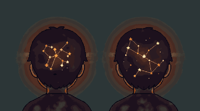 Two children seen from behind, side by side, each head containing a different constellation of warm glowing stars joined by fine lines — one pattern tightly clustered, the other spread wide.